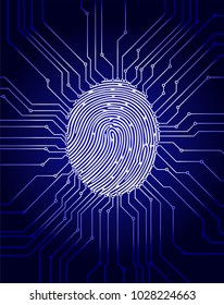 Fingerprint scanning, digital biometric security system, data protection, dark blue background, vector illustration