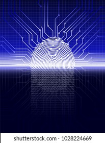Fingerprint scanning, digital biometric security system, data protection, dark blue background, vector illustration
