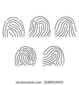 Fingerprint scanning icon. Collection of fingerprint shapes. Set fingerprint scanning vector image. Turn on, enable or select sign. Black and white logo. Dotted line dot.