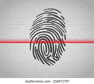 Fingerprint scanning icon with red laser line illustration for biometric screening system requirements on digital background
