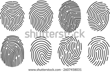 Fingerprint scanning icon set. Fingerprint identity and security symbols isolated on transparent background. Fingerprint icon signature signs for password encryption. Vector illustration.