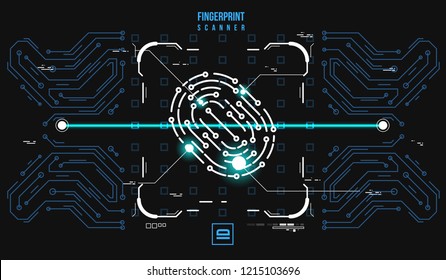 Finger-print Scanning Identification System. Biometric Authorization and Business Security Concept. Illustration with futuristic HUD UI elements.