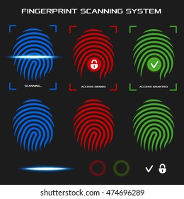 Finger-print scanning identification system. Biometric authorization and business security concept. Access denied and granted mode. Flat design elements for mobile applications. Vector illustration.