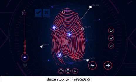 Fingerprint scanning identification system, futuristic sci-fi red interface, biometric authorization technology