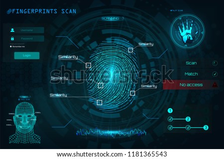 Fingerprint Scanning Identification System in HUD style, Biometric Interface, Recognition Biometric Technology and Artificial Intelligence Concept. Scanning: Fingerprints, Voice, Palm and Face. HUD UI