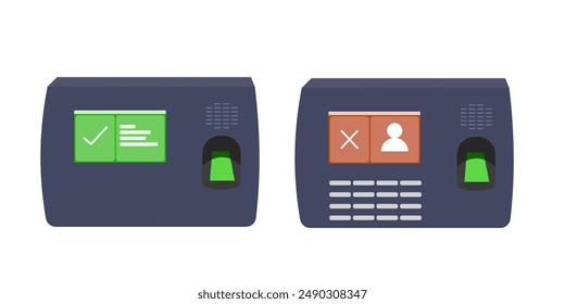 Fingerprint scanning machine. Fingerprints are recognized and fingerprints are not recognized or not registered or readable. Green, red. Vector