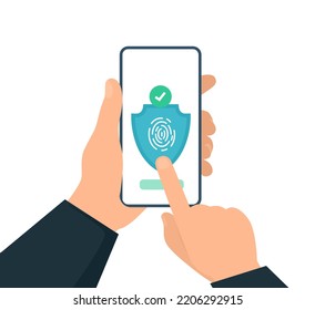 Fingerprint Scanning To Mobile Phone. Hand Holding Smartphone With Fingerprint Scan Icon. Vector Flat Design Isolated On White Backgron.