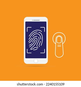 Fingerprint scanning to mobile phone. oncept of under screen fingerprint scan to unlock smartphone on orange background.