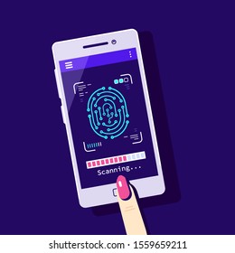 Fingerprint scanning to mobile phone. Smartphone id security system. Flat style banner design.