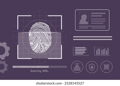 Escaneo de huellas dactilares en placa de circuitos. concepto de sistema seguro con huella dactilar. acceso con Identificación biométrica. Tecnología de seguridad cibernética, fondo abstracto o icono. Ilustración vectorial plana