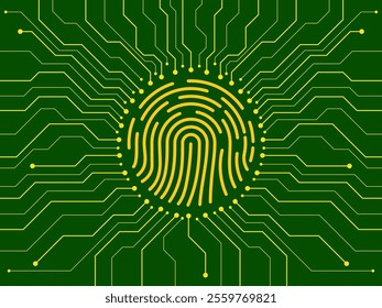 Fingerprint scanning on circuit board. Biometrics identification system. Technology concept. Vector illustration