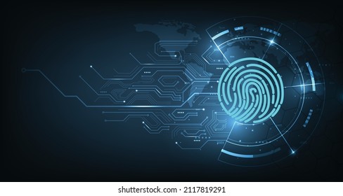  Fingerprint scanning on dark blue technology background.Cyber security background.Data protection, privacy, and internet security concept.vector illustration.