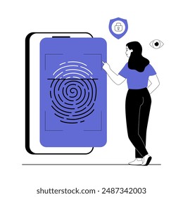 Escaneo de huellas digitales en el teléfono. Tecnología de protección de privacidad. Escaneo de dedos de smartphone. Mujer accediendo a su Cuenta con escaneo de huellas dactilares. Ilustración vectorial con gente de la línea para el Diseño web.