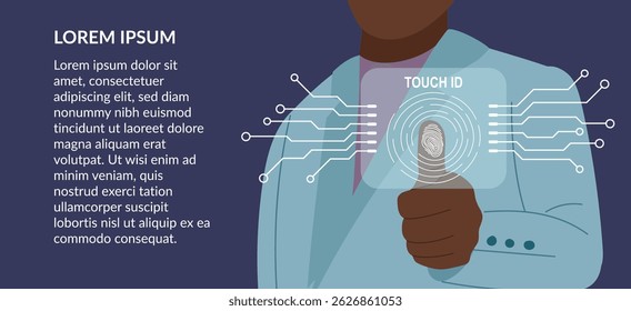 Fingerprint scanning system background. Biometric identification technology concept. Person scanning fingerprint. Personal touch id identity. Vector hand drawn banner.