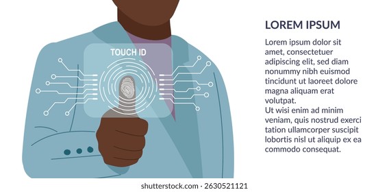 Fingerprint scanning system background. Biometric identification technology concept. Person scanning fingerprint. Personal touch id identity. Vector hand drawn banner.