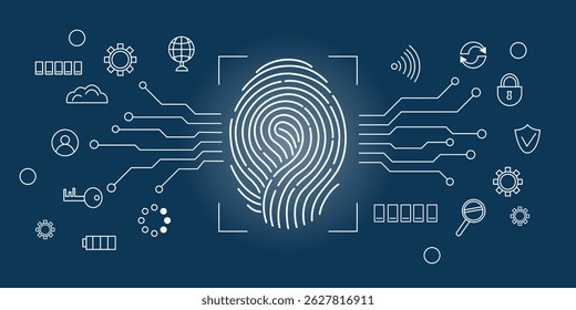 Fingerprint scanning system. Biometric authentication technology concept. Personal touch id identity. Vector hand drawn background.