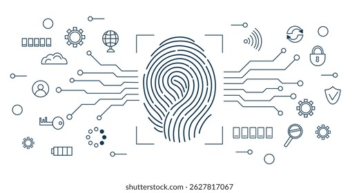 Fingerprint scanning system. Biometric authentication technology concept. Personal touch id identity. Vector hand drawn background in line art style.