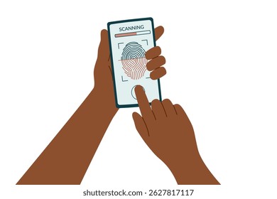 Fingerabdruck-Abtastsystem. Biometrisches Authentifizierungstechnologie-Konzept. Menschliche Hände, die das Smartphone öffnen. Handgezeichneter Vektorclipart.