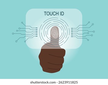 Fingerprint scanning system. Biometric Identification technology concept. Human thumbprint. Personal touch id identity. Unique touch id. Vector hand drawn background.