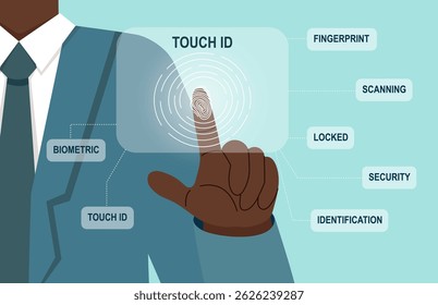 Fingerprint scanning system. Biometric identification technology concept. Person scanning fingerprint. Personal touch id identity. Unique touch id. Vector hand drawn banner.