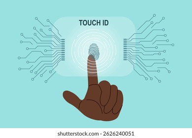 Fingerprint scanning system. Biometric identification technology concept. Human hand scanning fingerprint. Personal touch id identity. Unique touch id. Vector hand drawn banner.