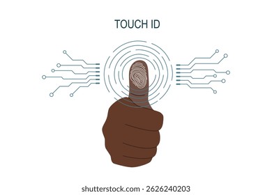 Fingerprint scanning system. Biometric identification technology concept. Human thumbprint. Personal touch id identity. Unique touch id. Vector hand drawn background.