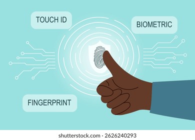 Fingerprint scanning system. Biometric identification technology concept. Human hand scanning thumbprint. Personal touch id identity. Unique touch id. Vector hand drawn background.