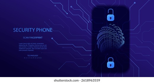 Fingerprint scanning to unlock mobile phone. Lock technology Smartphone cyber security your identity vector. Fingerprint scan on circuit board background.