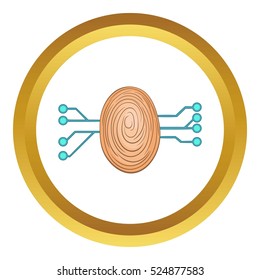Fingerprint scanning vector icon in golden circle, cartoon style isolated on white background