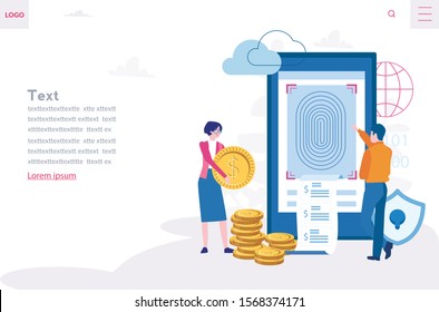 Fingerprint screening security system in mobile.  Vector illustration for web, infographics, mobile. Digital touch scan identification, security program,  Biometric access control, sensor.