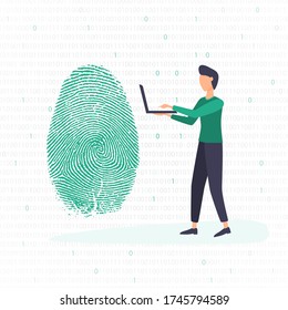 Fingerprint security check, man coding on laptop, vector