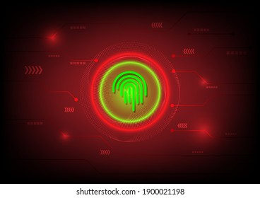 Fingerprint and security concept. Green virtual fingerprint with red ring on red technology background. Safety internet and network connection. 