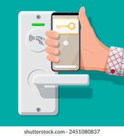 Fingerprint security device at office or home door. Hand with smartphone with id card application. Access control machine, time attendance. Proximity card reader. Flat vector illustration