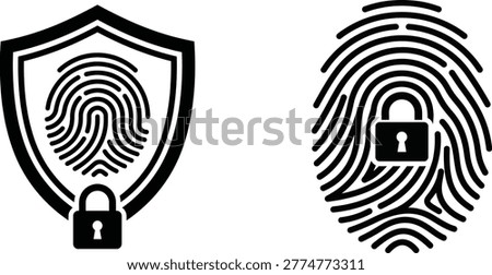 Fingerprint security icons shield and fingerprint with padlock