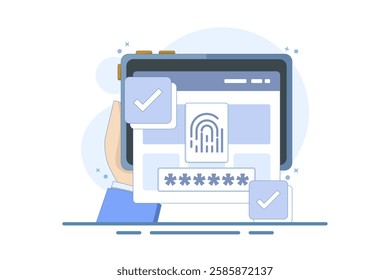 Fingerprint security identification concept via digital biometric sensor. Fingerprint online on computer or internet, secure fingerprint authentication and password ID access verification.