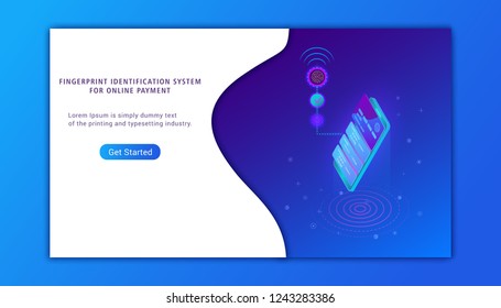 Fingerprint security payment transaction via virtual credit card pay online. Isometric smart phone and internet banking. Finger print scan authorization. Money transfer via mobile application. Vectori