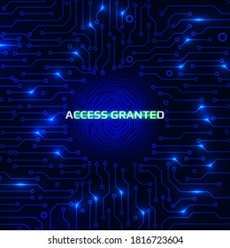 Fingerprint Security Scanning Digital System Personal Information Identify Vector. Blue Abstract Circuit Board Authentication Accept Cyber Concept Illustration.