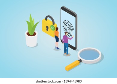 fingerprint security technology concept with smartphone and padlock security secure design with isometric or isometry 3d style - vector illustration