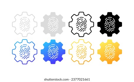 Fingerprint settings icons. Different styles, color, fingerprint inside the gear, fingerprint settings. Vector icons