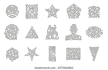 Fingerprint shapes. Minimalistic circular fingerprint icons, face thumbprint and iris scan, id card and security protection. Vector isolated set of security template biometric illustration