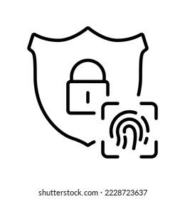 Fingerprint with Shield and Lock Line Icon. Biometric Identification, Privacy Protection Pictogram. Access by Identity Finger Print Outline Symbol. Editable Stroke. Isolated Vector Illustration.