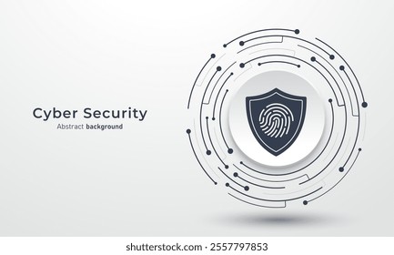 Fingerprint with shield on circuit board. Concept of cybersecurity and network protection. Secure technology and data protect. Abstract background for website and banner. Vector illustration.