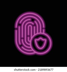 Fingerprint with shield simple icon vector. Flat design. Purple neon on black background.ai