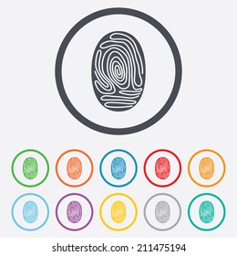 Fingerprint sign icon. Identification or authentication symbol. Round circle buttons with frame. Vector
