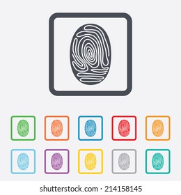 Fingerprint sign icon. Identification or authentication symbol. Round squares buttons with frame. Vector