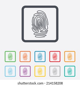 Fingerprint sign icon. Identification or authentication symbol. Round squares buttons with frame. Vector