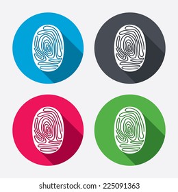 Fingerprint sign icon. Identification or authentication symbol. Circle buttons with long shadow. 4 icons set. Vector