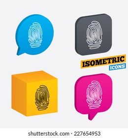 Icono de signo de huella digital. Identificación o símbolo de autenticación. Burbujas isométricas de habla y cubo. Iconos girados con bordes. Vector