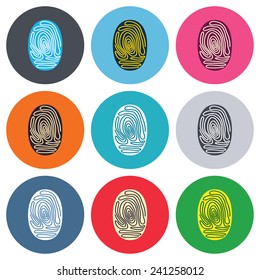 Fingerprint sign icon. Identification or authentication symbol. Colored round buttons. Flat design circle icons set. Vector