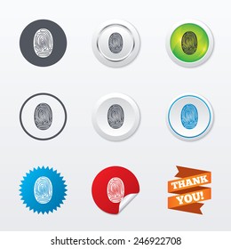 Fingerprint sign icon. Identification or authentication symbol. Circle concept buttons. Metal edging. Star and label sticker. Vector